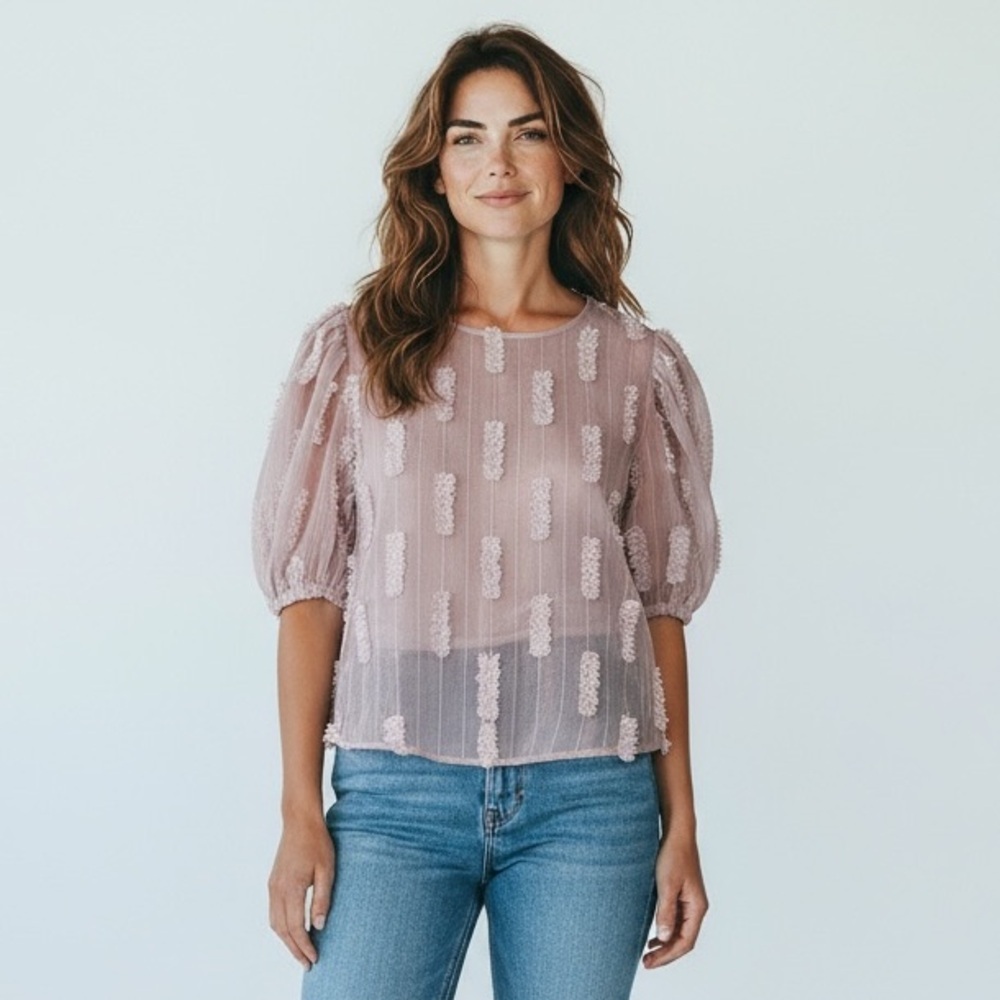 YUMI KIM - SIZE MEDIUM - PINKISH MAUVE - SHEER‎ PUFF SLEEVES BLOUSE TOP B22